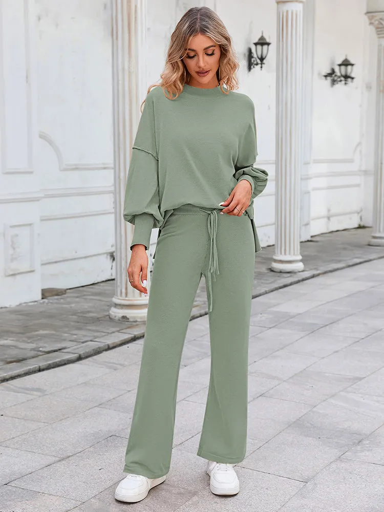 Women's 2 Piece Outfits Knit Pullover Tops Wide Leg Pants