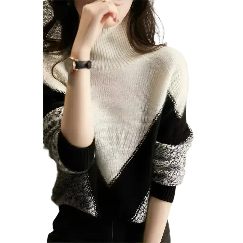 Women's Autumn & Winter Contrast Color High Neck Long Sleeve Knitted Sweater – Casual Loose Fit Korean Fashion Jumper Top