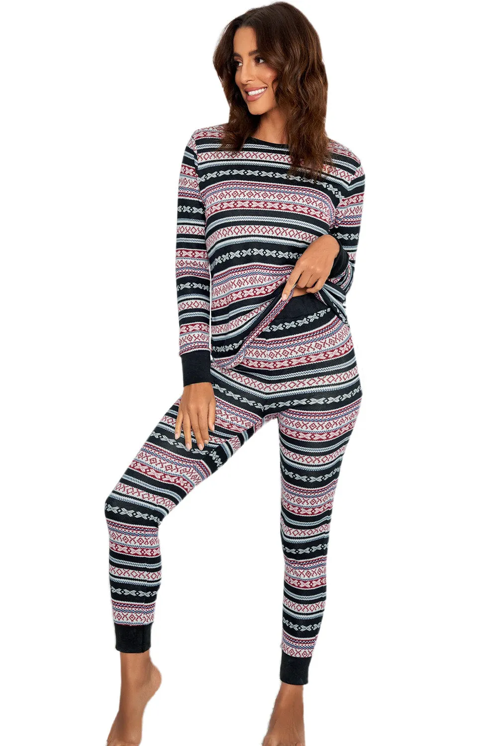 Womens Christmas Print Long Sleeve Pullover Tops and Skinny Pants Loungewear