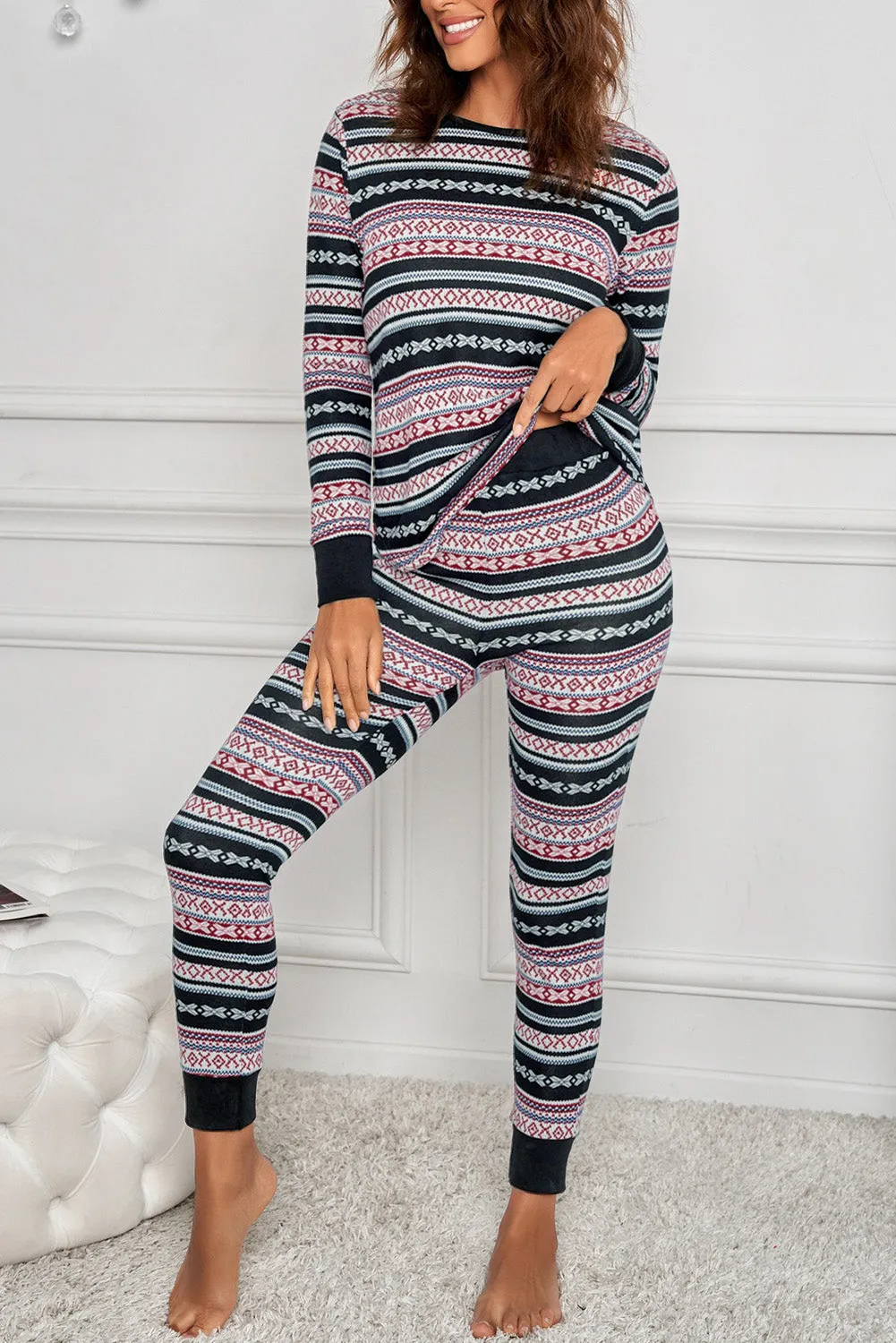 Womens Christmas Print Long Sleeve Pullover Tops and Skinny Pants Loungewear