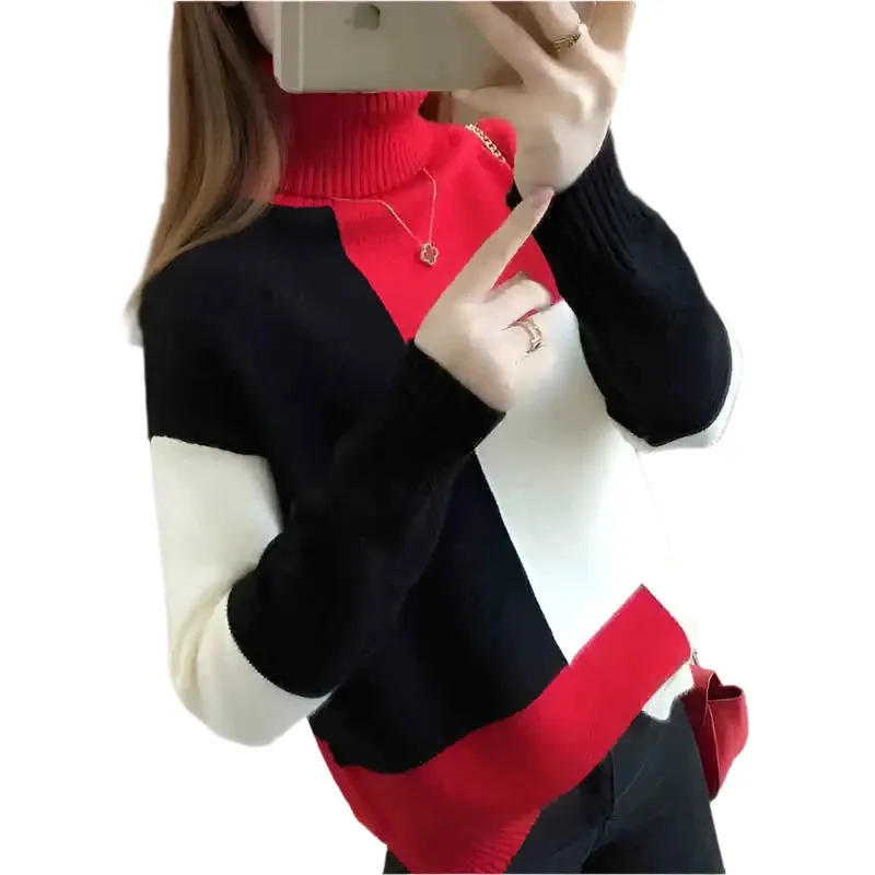 Women's Contrast Color Turtleneck Sweater - Loose Fit Knitted Pullover, Long Sleeve, Casual Elegant Style, Autumn Winter Fashion