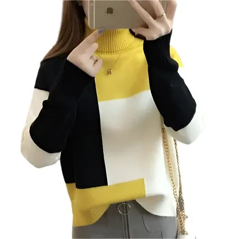 Women's Contrast Color Turtleneck Sweater - Loose Fit Knitted Pullover, Long Sleeve, Casual Elegant Style, Autumn Winter Fashion