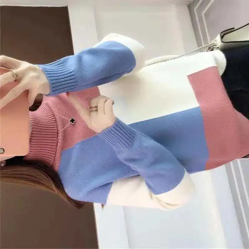 Women's Contrast Color Turtleneck Sweater - Loose Fit Knitted Pullover, Long Sleeve, Casual Elegant Style, Autumn Winter Fashion