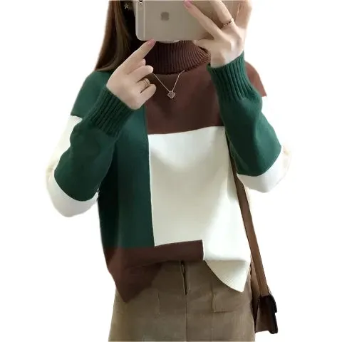 Women's Contrast Color Turtleneck Sweater - Loose Fit Knitted Pullover, Long Sleeve, Casual Elegant Style, Autumn Winter Fashion