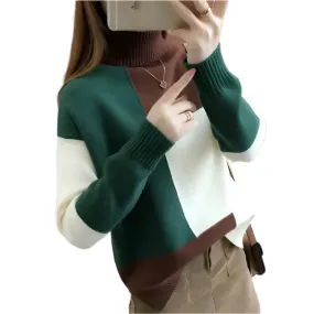 Women's Contrast Color Turtleneck Sweater - Loose Fit Knitted Pullover, Long Sleeve, Casual Elegant Style, Autumn Winter Fashion