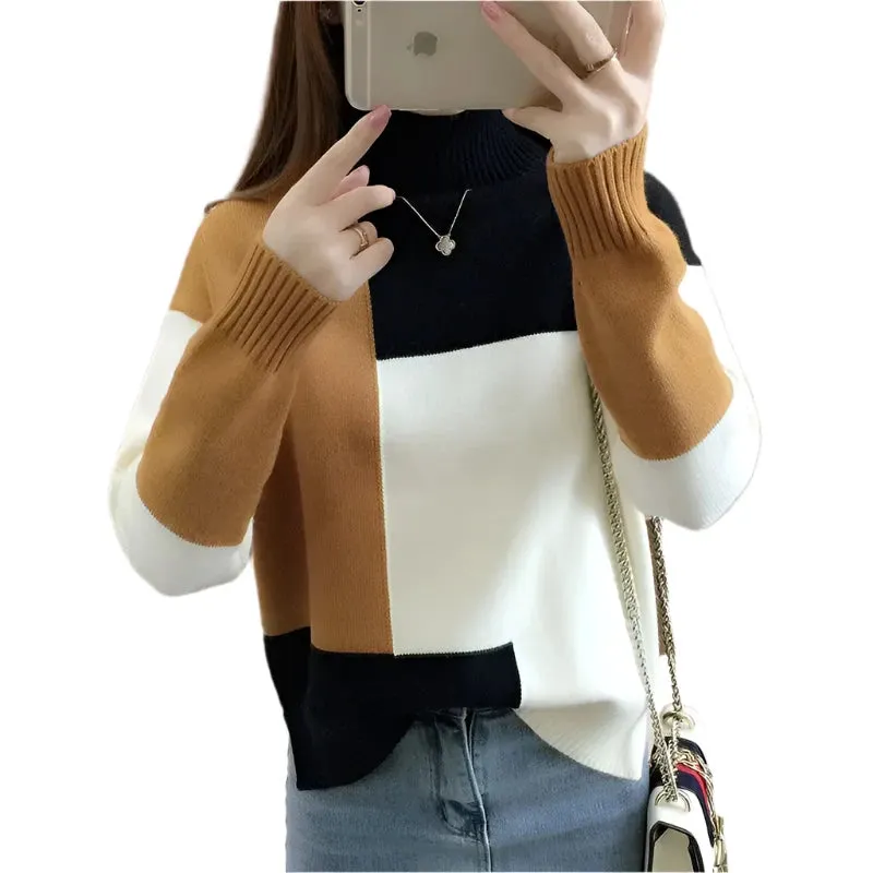 Women's Contrast Color Turtleneck Sweater - Loose Fit Knitted Pullover, Long Sleeve, Casual Elegant Style, Autumn Winter Fashion