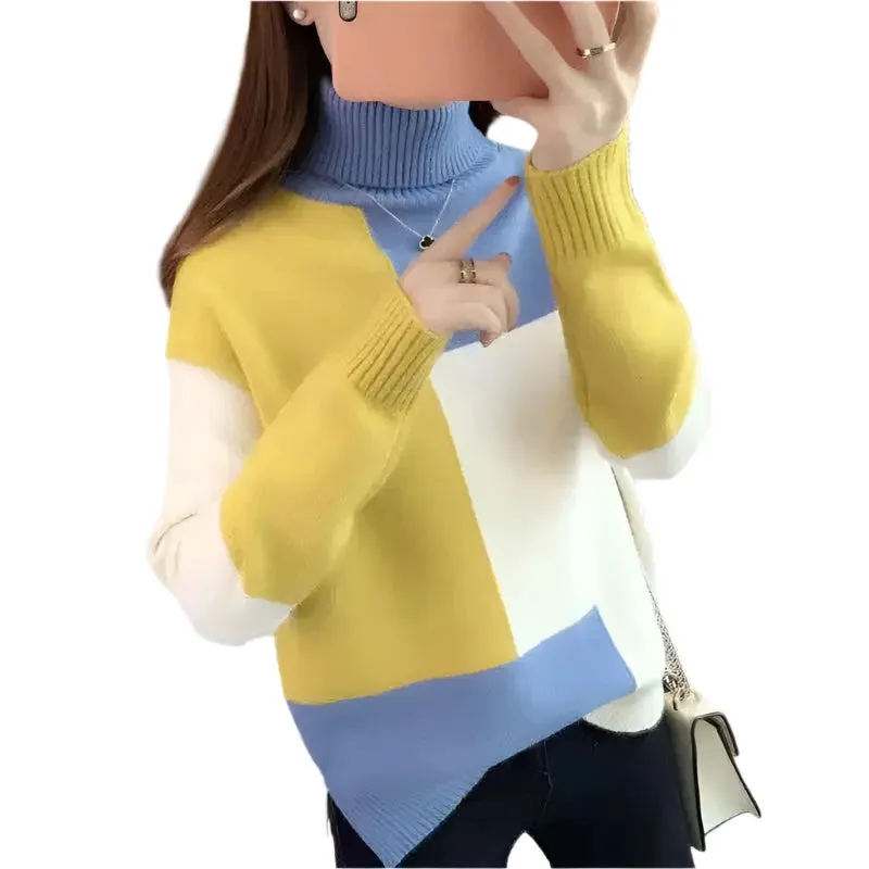 Women's Contrast Color Turtleneck Sweater - Loose Fit Knitted Pullover, Long Sleeve, Casual Elegant Style, Autumn Winter Fashion