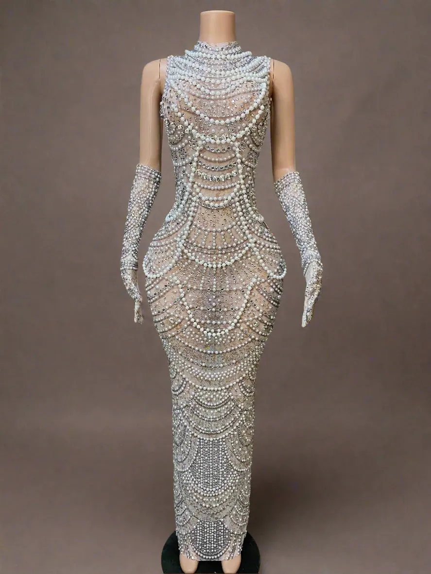 Women's Elegant Pearls Beaded Maxi Bodycon Dress