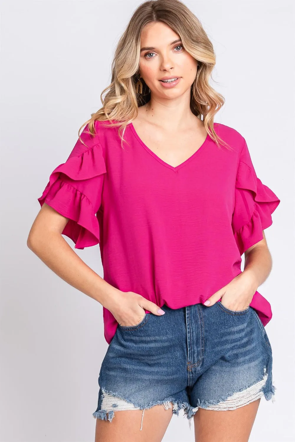 Women's GeeGee V-Neck Ruffle Trim Short Sleeve Blouse