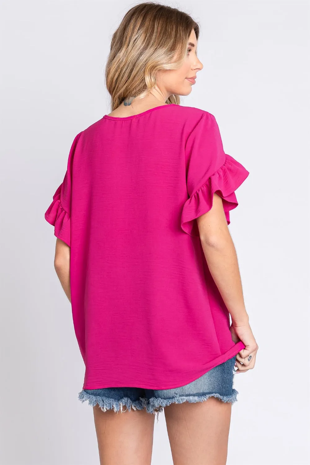 Women's GeeGee V-Neck Ruffle Trim Short Sleeve Blouse