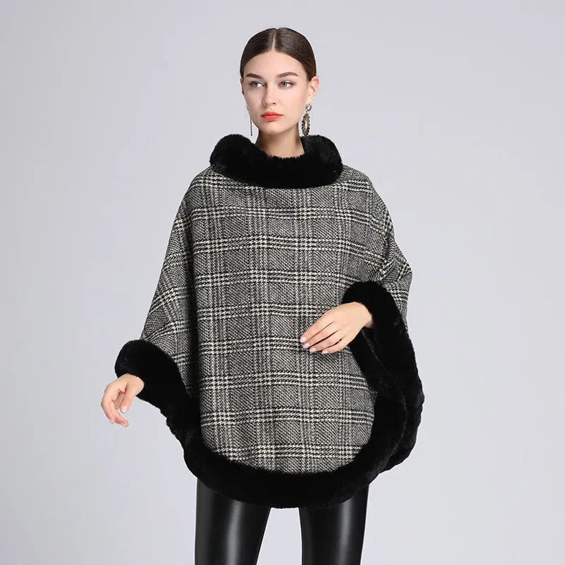 Women's Imitation Rabbit Fur Collar Shawl Cape Loose Pullover