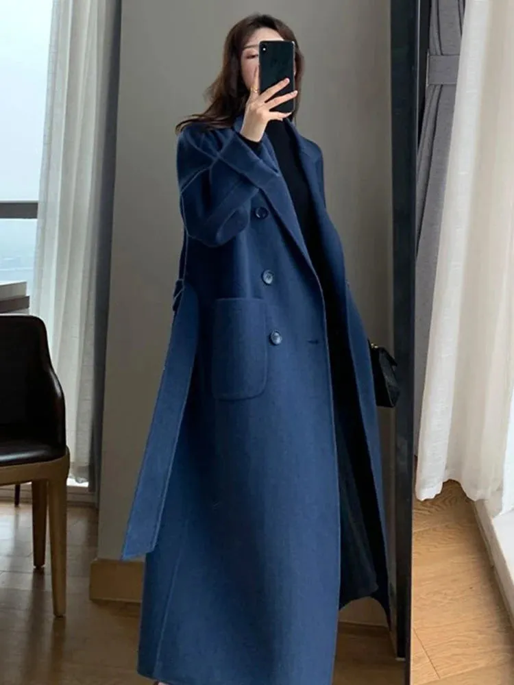 Womens Long Wool Elegant Faux Casual Belt Winter Coat