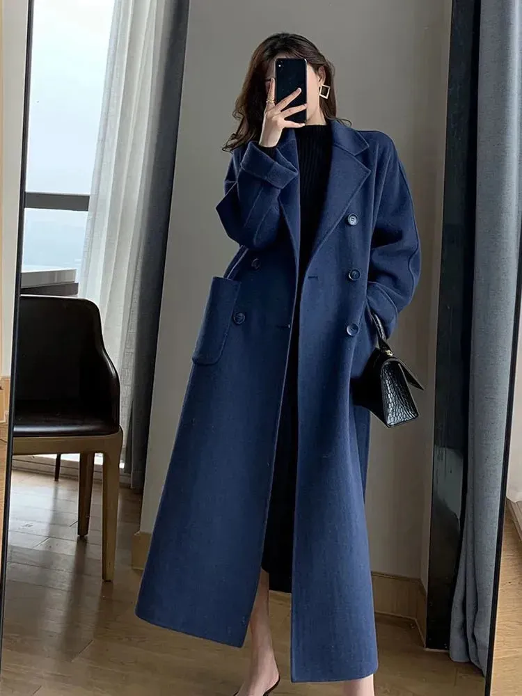 Womens Long Wool Elegant Faux Casual Belt Winter Coat