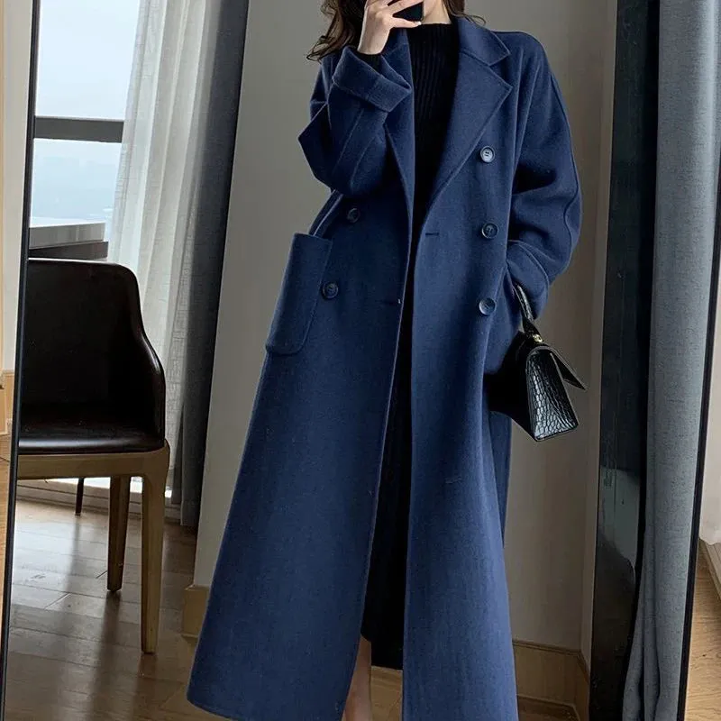 Womens Long Wool Elegant Faux Casual Belt Winter Coat