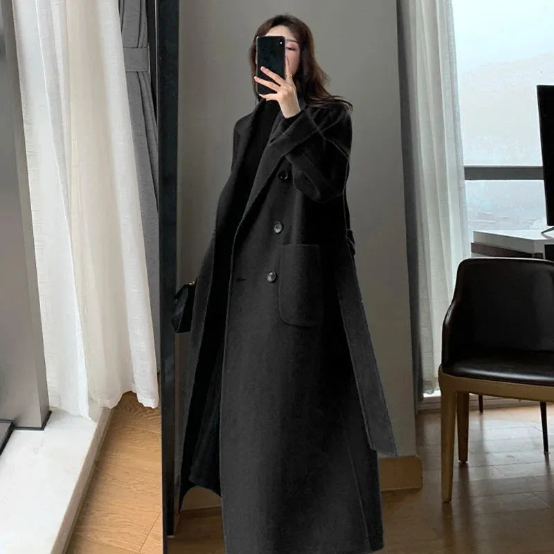 Womens Long Wool Elegant Faux Casual Belt Winter Coat