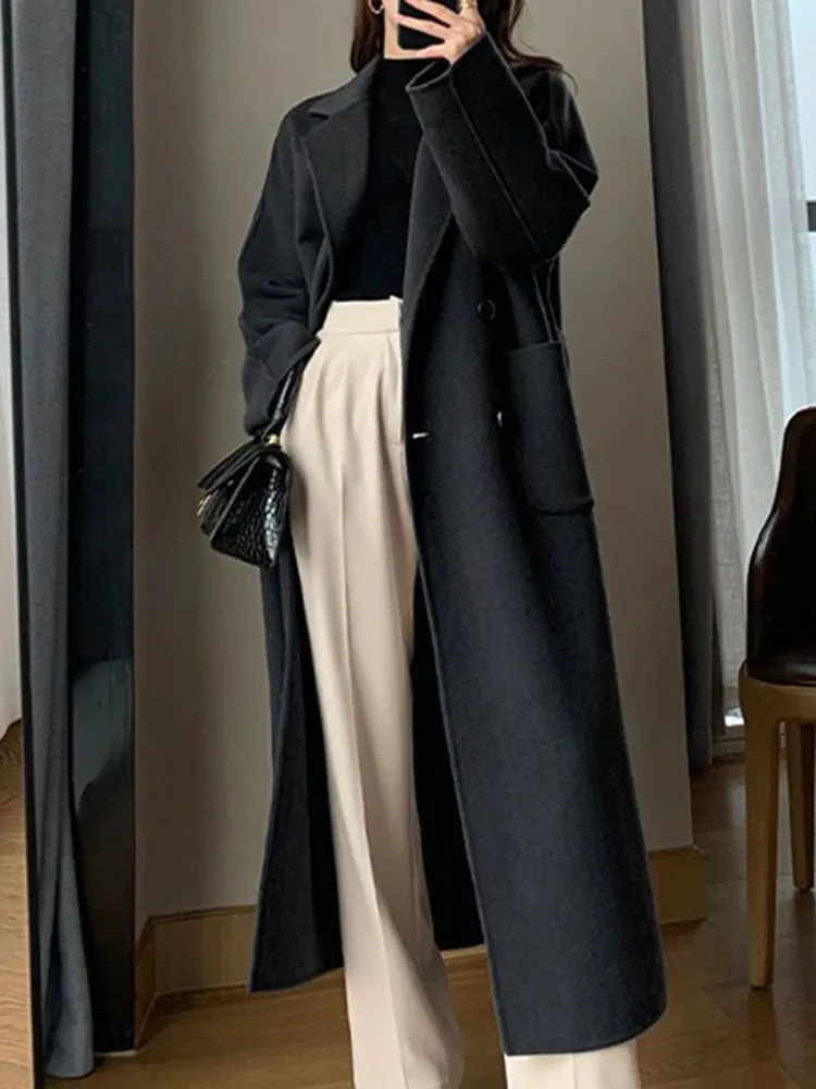 Womens Long Wool Elegant Faux Casual Belt Winter Coat