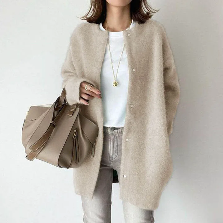 Women’s Loose fit Round Neck Single Breasted Premium hand knit Cardigan Solid Color Coat