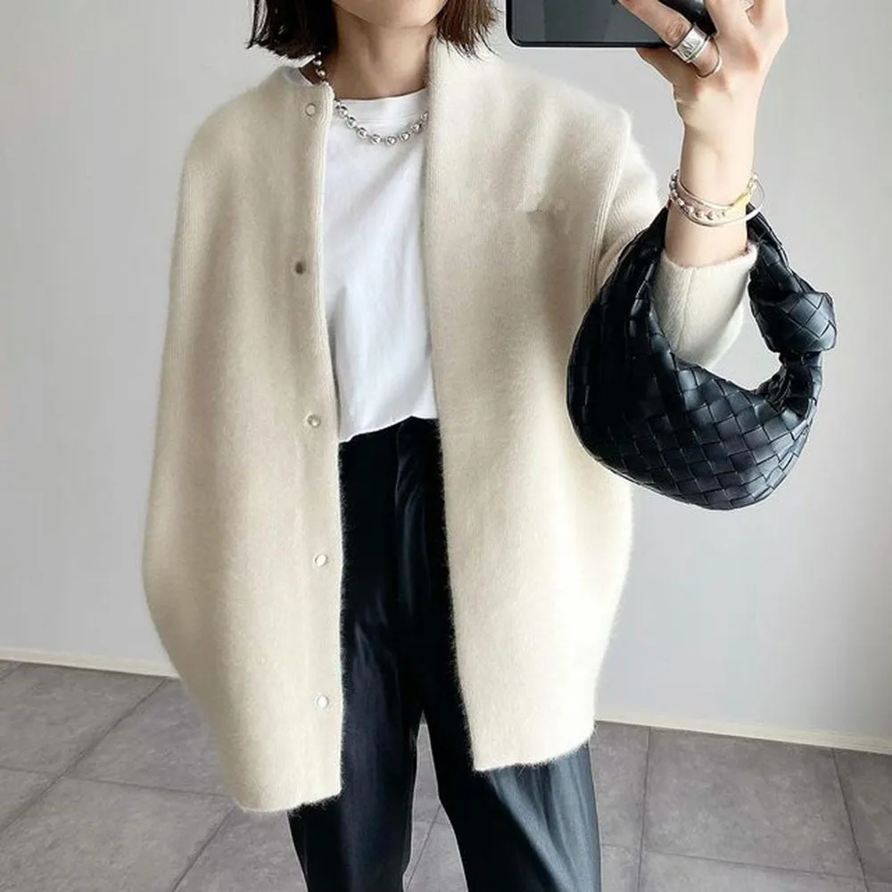 Women’s Loose fit Round Neck Single Breasted Premium hand knit Cardigan Solid Color Coat