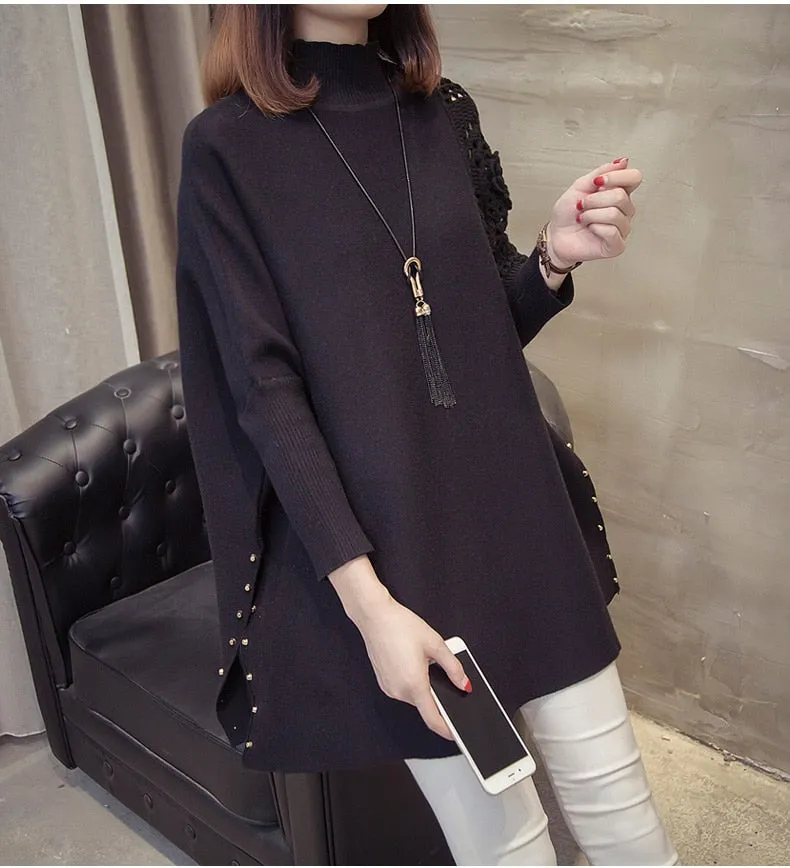 Women's Winter Loose Sweater Half-high Collar Pullover Wrap Swing Beading