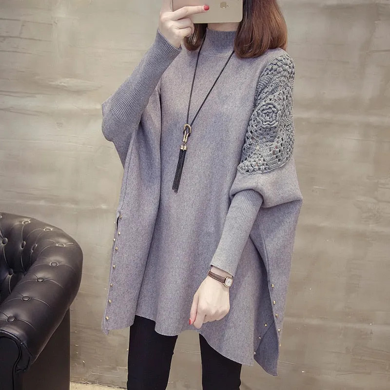 Women's Winter Loose Sweater Half-high Collar Pullover Wrap Swing Beading