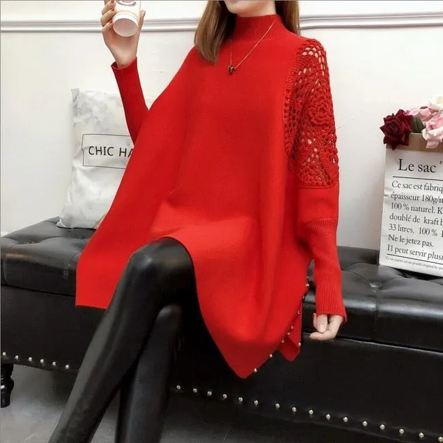 Women's Winter Loose Sweater Half-high Collar Pullover Wrap Swing Beading