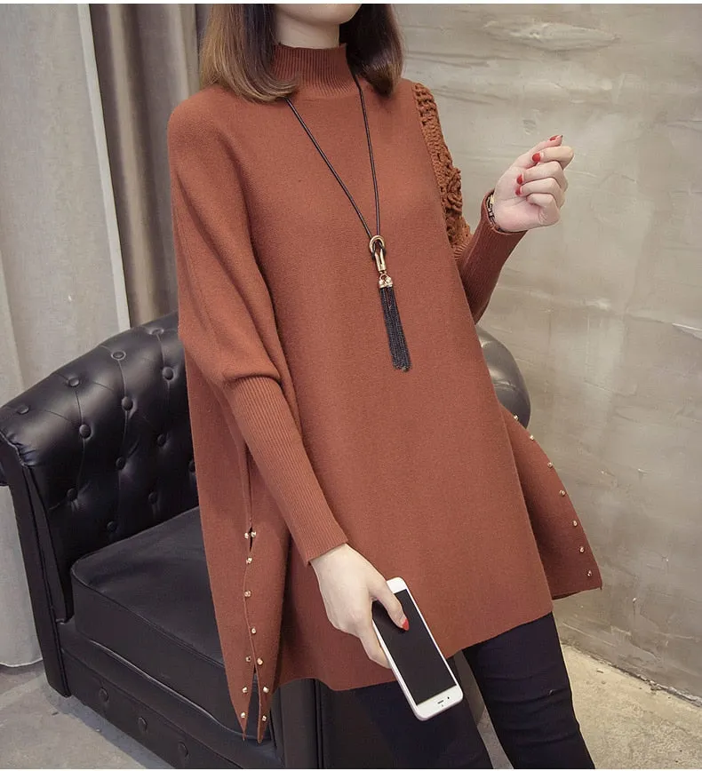 Women's Winter Loose Sweater Half-high Collar Pullover Wrap Swing Beading