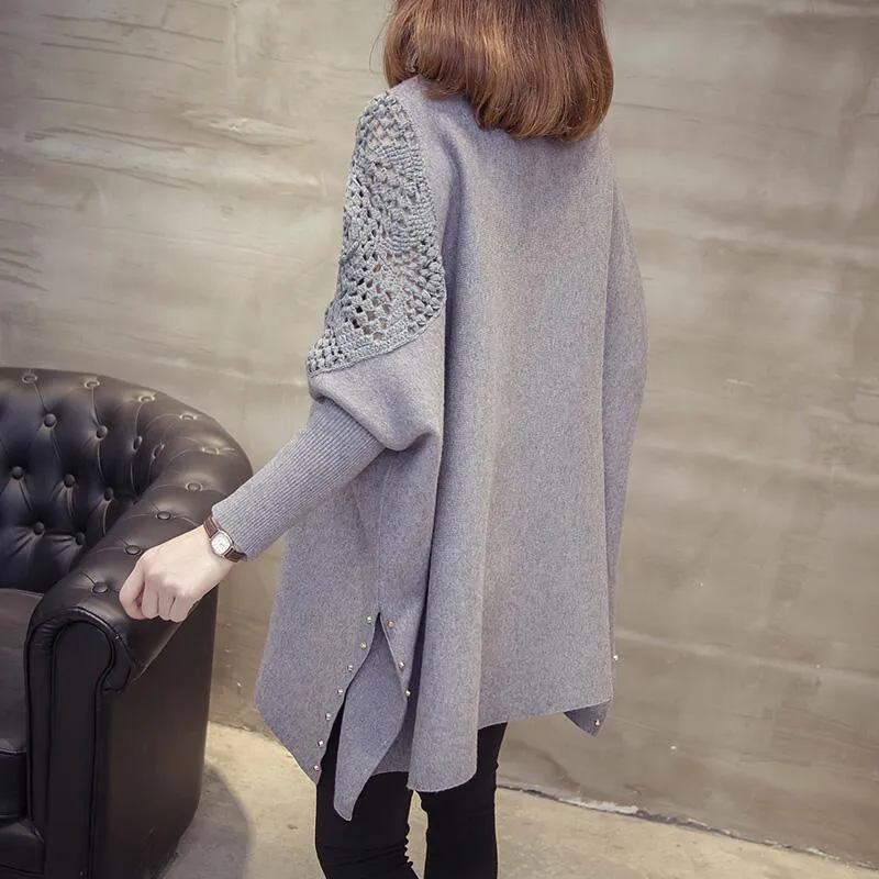 Women's Winter Loose Sweater Half-high Collar Pullover Wrap Swing Beading