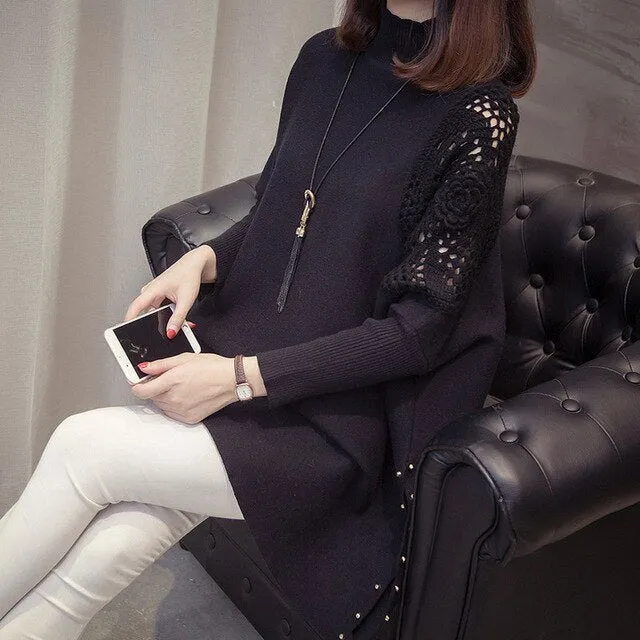 Women's Winter Loose Sweater Half-high Collar Pullover Wrap Swing Beading