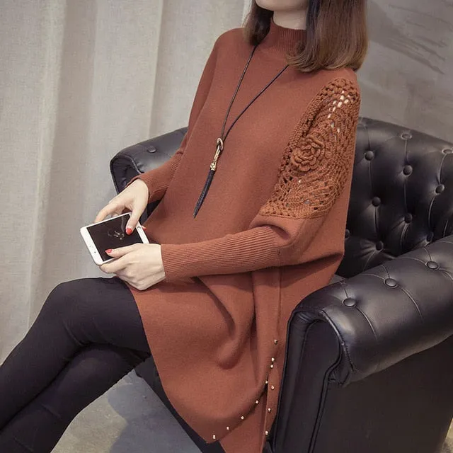 Women's Winter Loose Sweater Half-high Collar Pullover Wrap Swing Beading