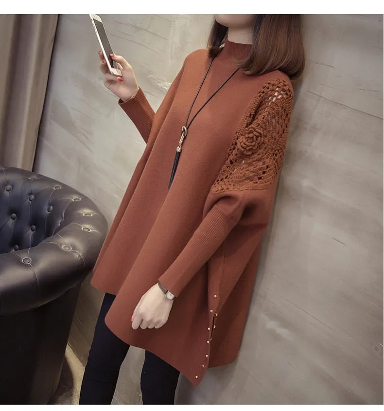 Women's Winter Loose Sweater Half-high Collar Pullover Wrap Swing Beading