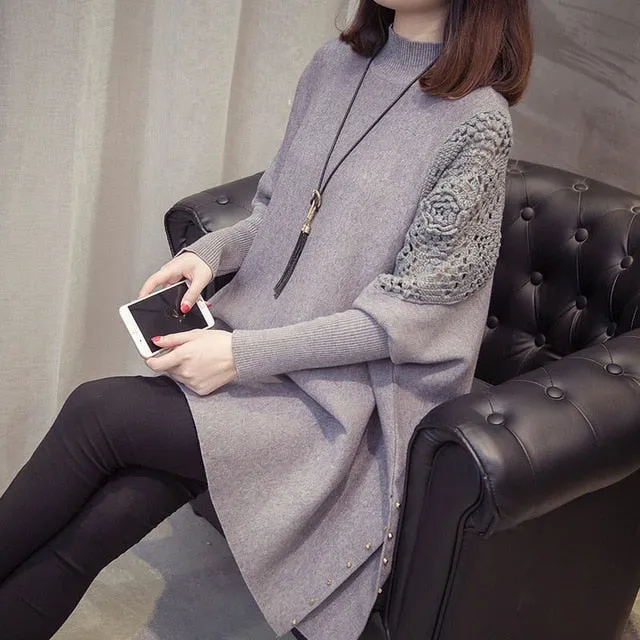 Women's Winter Loose Sweater Half-high Collar Pullover Wrap Swing Beading