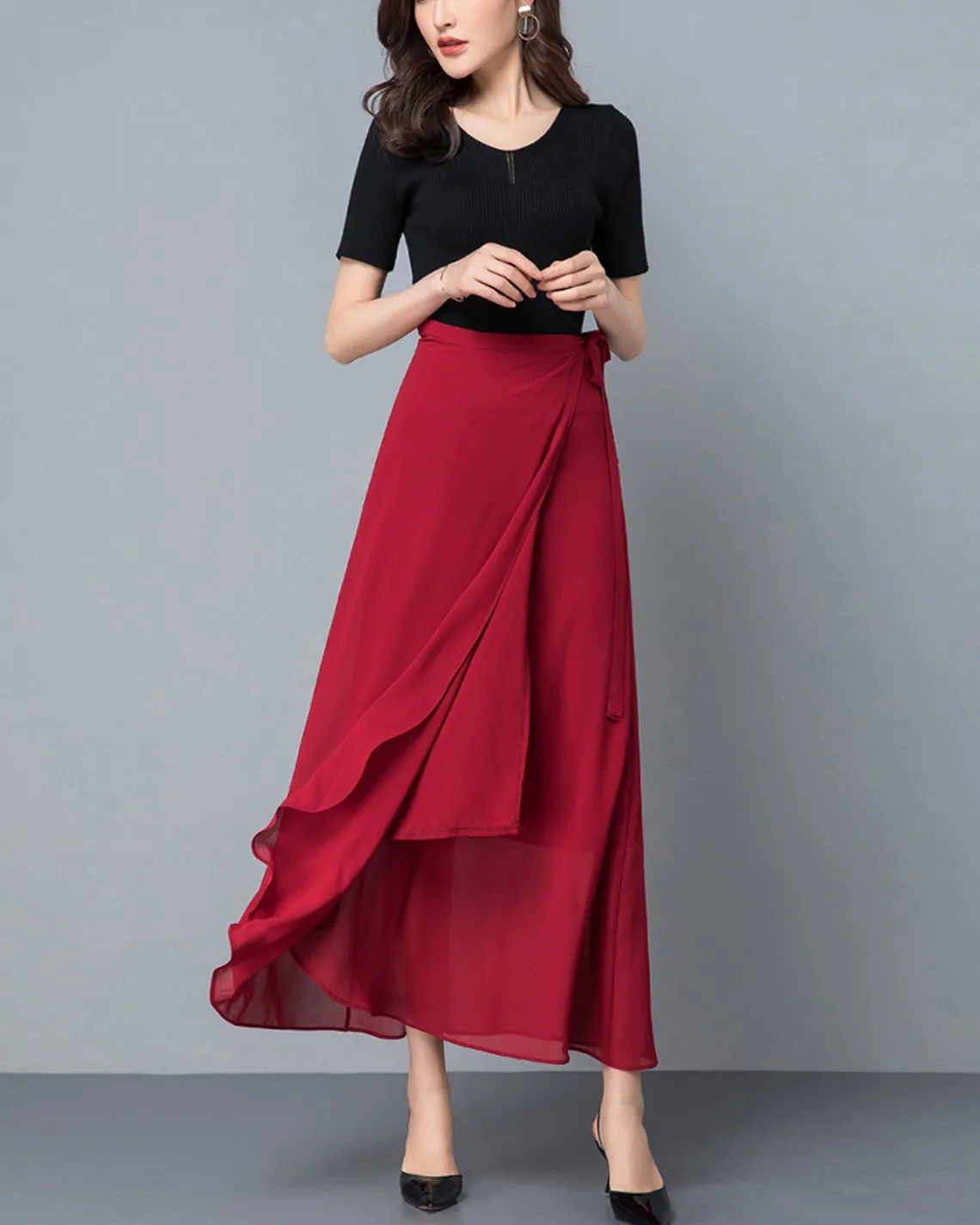 Women's wrap skirt, chiffon midi skirt, A-line skirt, long skirt, high waist skirt, flare skirt, plus size skirt, customized skirt A0014