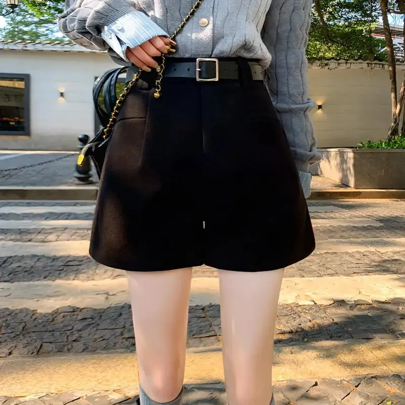 YESMYTOOL  -  Autumn Winter Women New Black High Waist Wide Leg Shorts Female Ladies Brown Elegant Versatile A-line Woolen Shorts Vintage