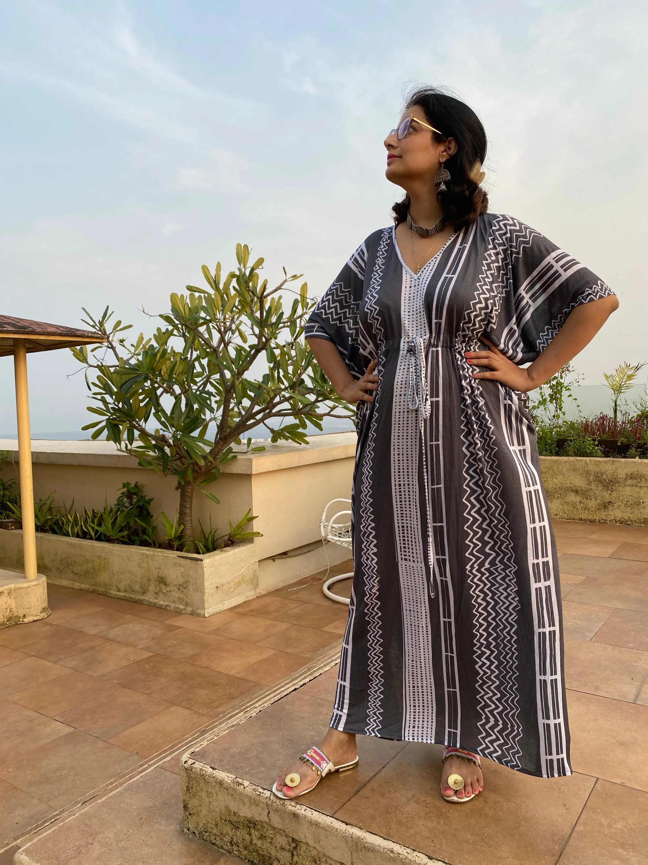 Zigzag Zooms "Timeless" Style Caftan | Soft Jersey Knit Organic Cotton | Perfect Loungewear House Dress